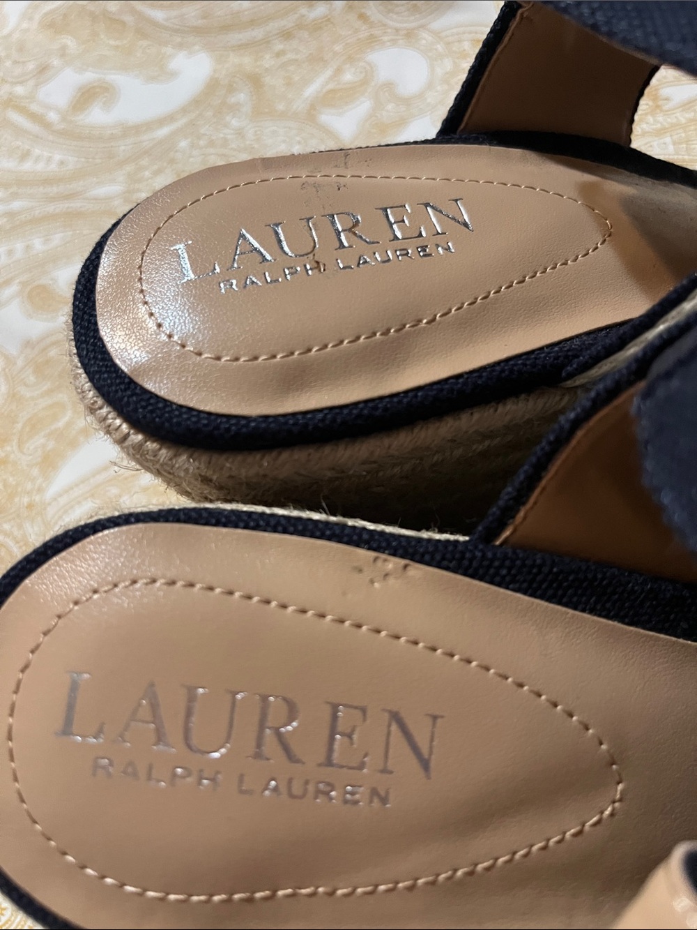 Lauren Ralph Lauren Navy Espadrille Wedge Sandals with Silver Logo Trim - Picture 4 of 9
